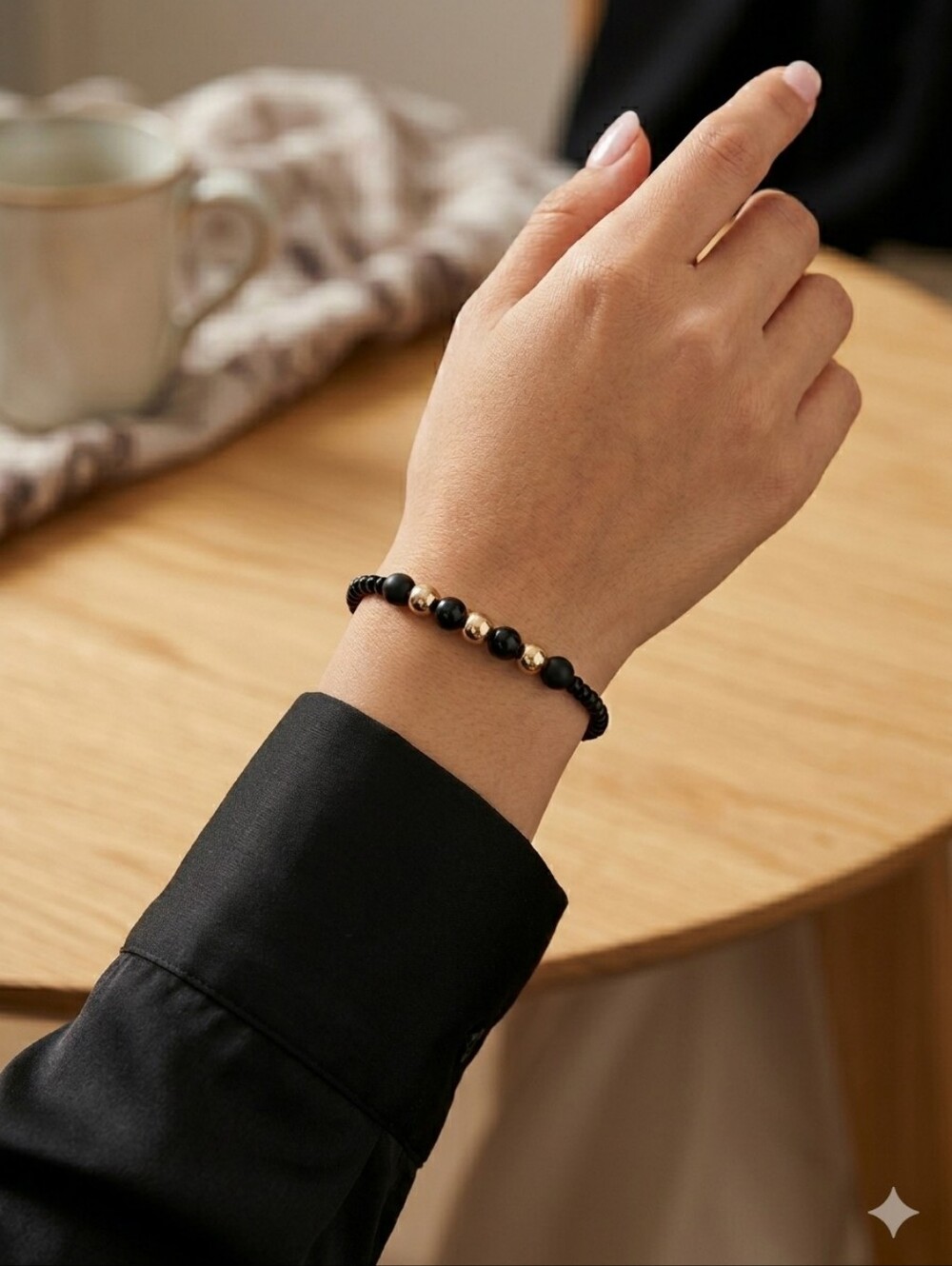 Handcrafted Black Glass And Gold Tone Bead Bracelet